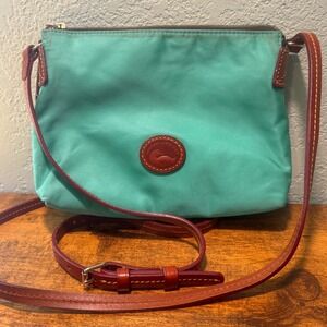 VTG Dooney & Bourke Teal Nylon Crossbody Bag Leather Trim Adjustable Strap Small